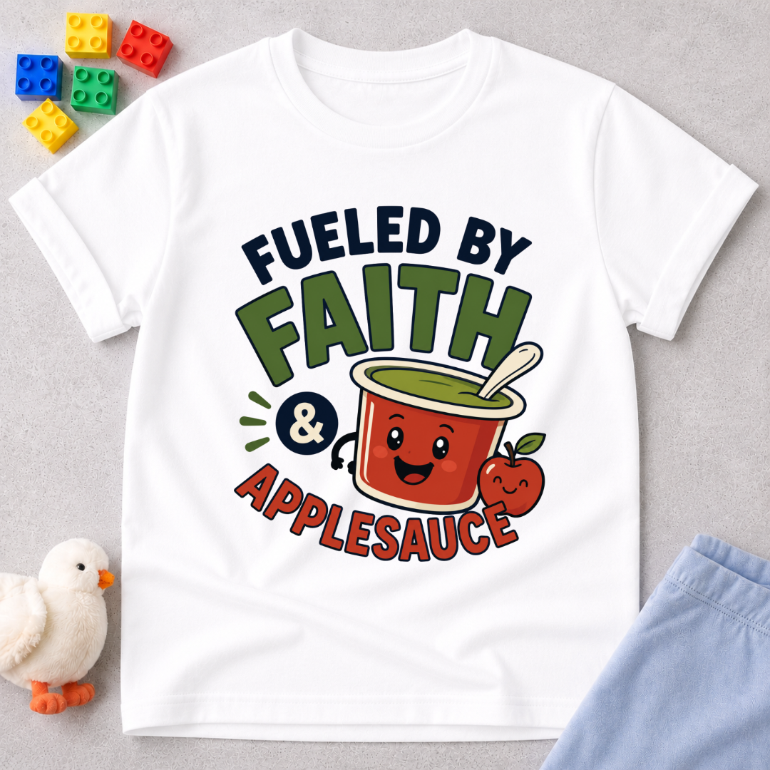 Fueled by Faith and Applesauce Christian kids shirt in white featuring a smiling applesauce cup
