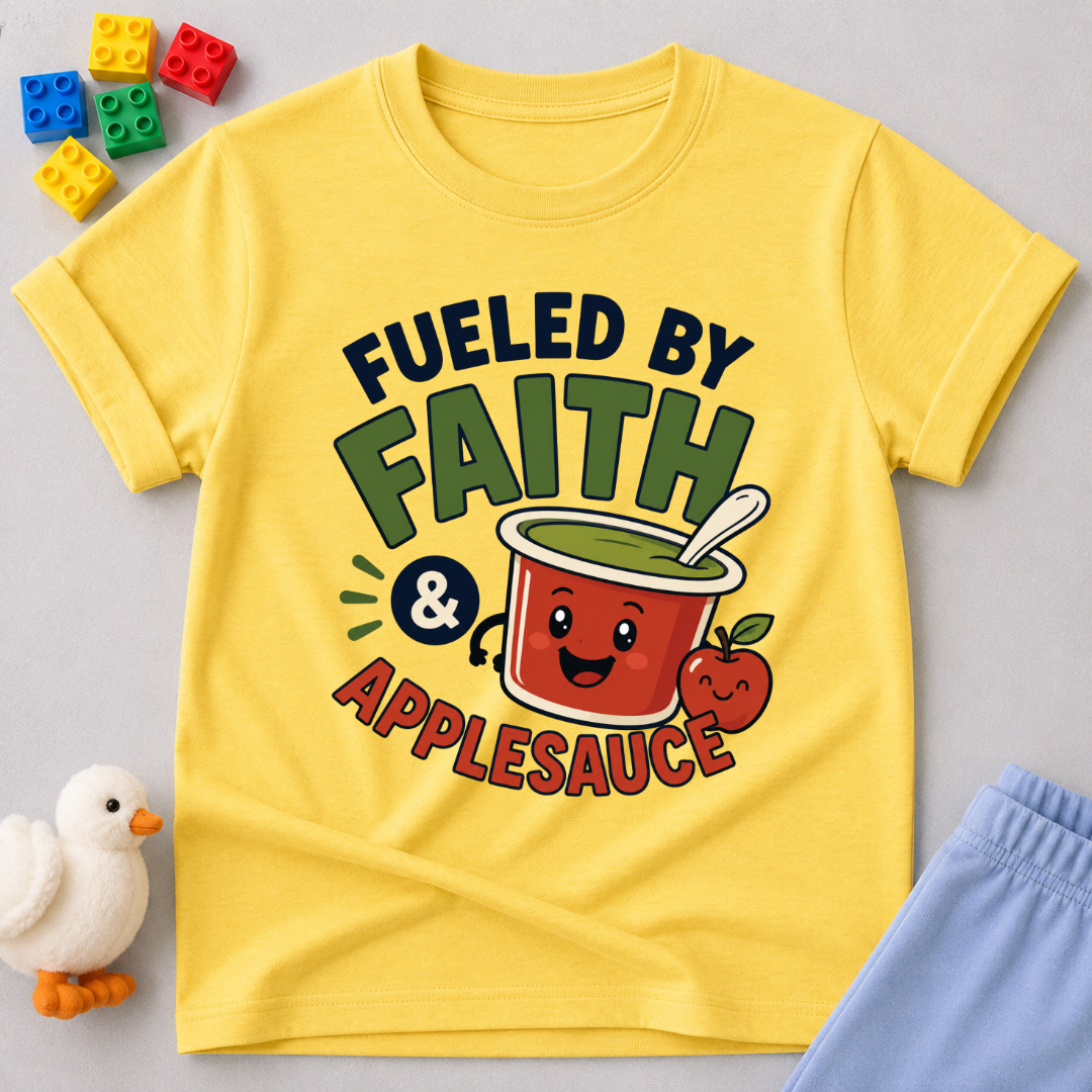 Fueled by Faith and Applesauce Christian kids shirt in yellow featuring a smiling applesauce cup
