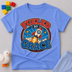 Fueled by Grace Rocket Christian kids shirt in blue featuring a colorful rocket and faith-inspired design
