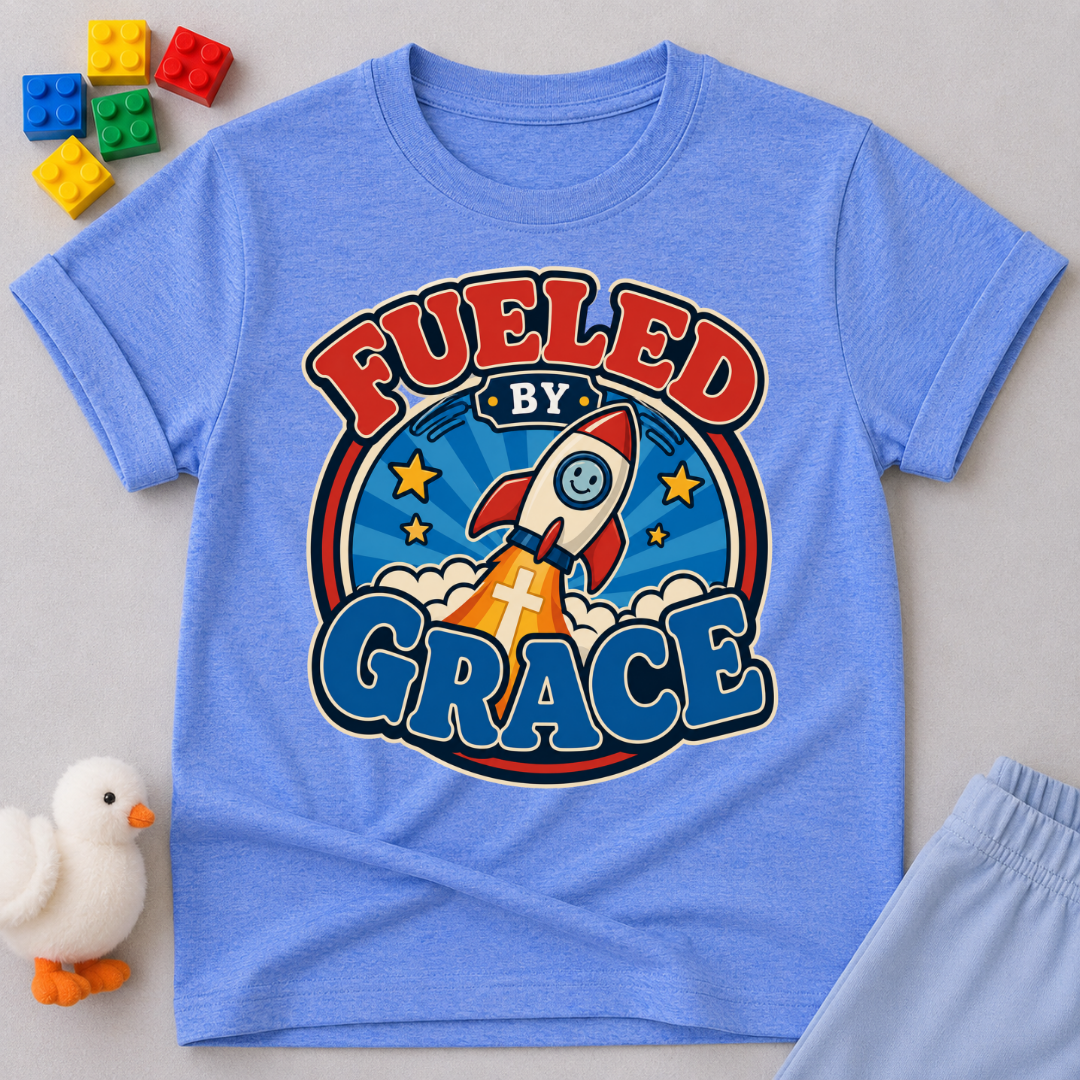 Fueled by Grace Rocket Christian kids shirt in blue featuring a colorful rocket and faith-inspired design

