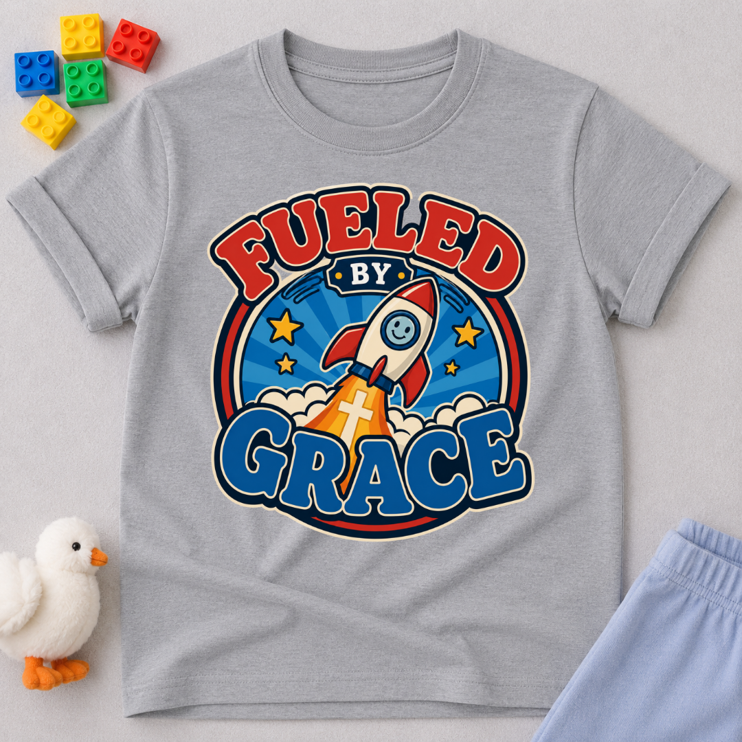 Fueled by Grace Rocket Christian kids shirt in gray featuring a colorful rocket and faith-inspired design
