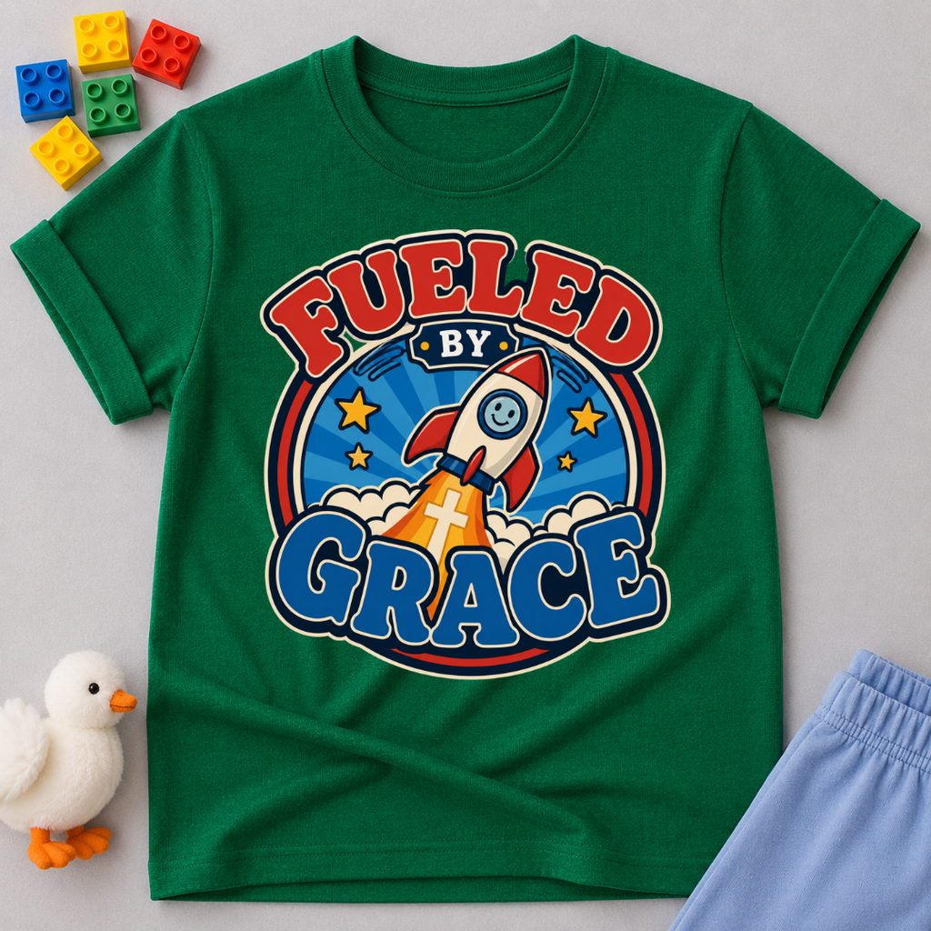 Fueled by Grace Rocket Christian kids shirt in green featuring a colorful rocket and faith-inspired design
