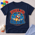 Fueled by Grace Rocket Christian kids shirt in navy featuring a colorful rocket and faith-inspired design
