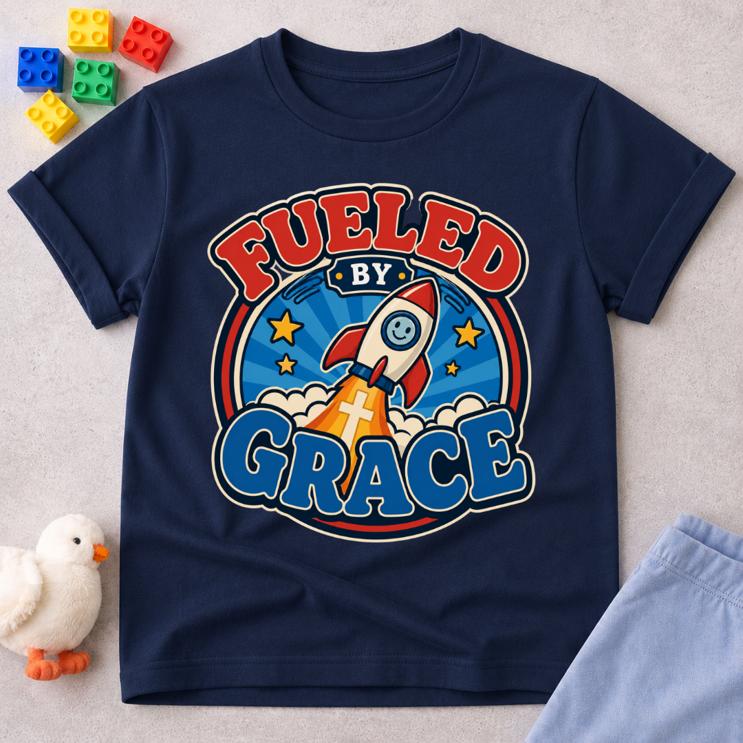 Fueled by Grace Rocket Christian kids shirt in navy featuring a colorful rocket and faith-inspired design
