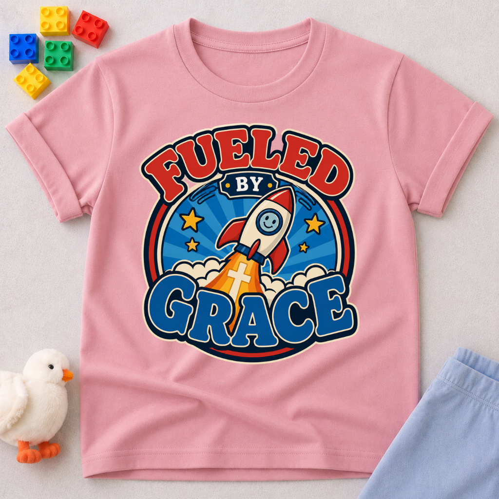 Fueled by Grace Rocket Christian kids shirt in pink featuring a colorful rocket and faith-inspired design
