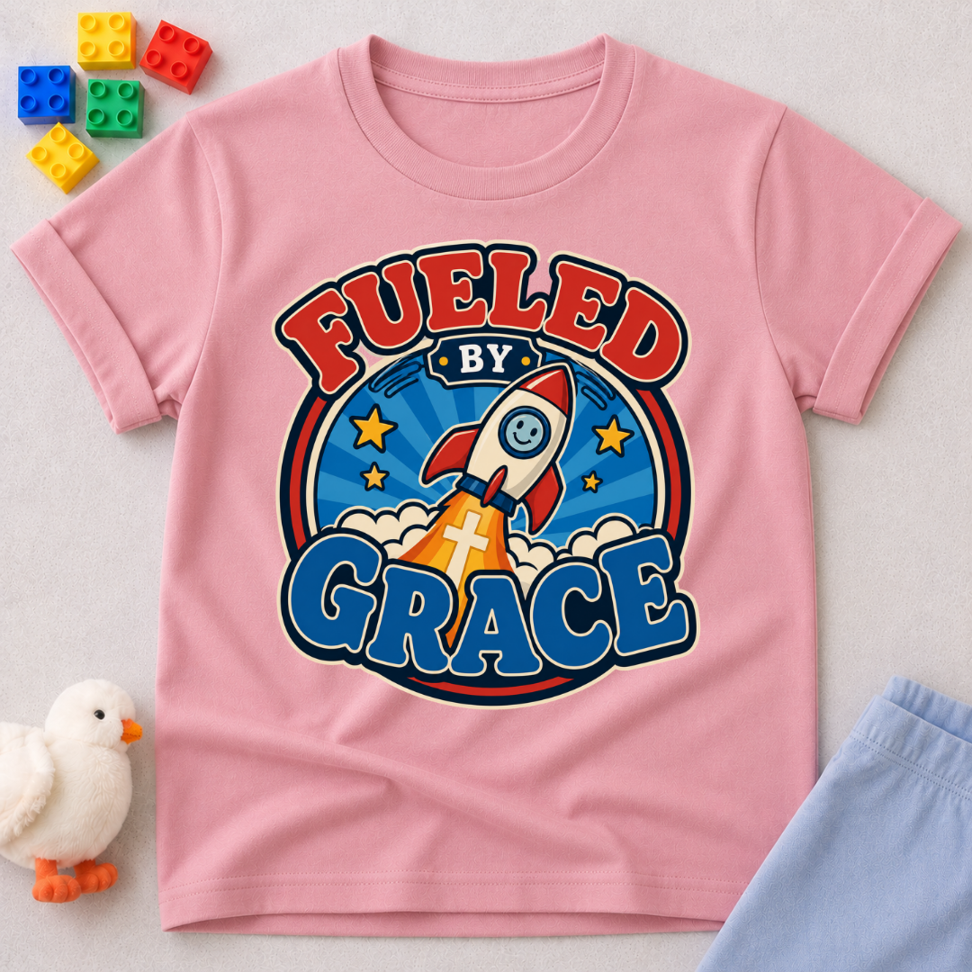Fueled by Grace Rocket Christian kids shirt in pink featuring a colorful rocket and faith-inspired design

