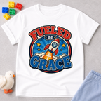 Fueled by Grace Rocket Christian kids shirt in white featuring a colorful rocket and faith-inspired design
