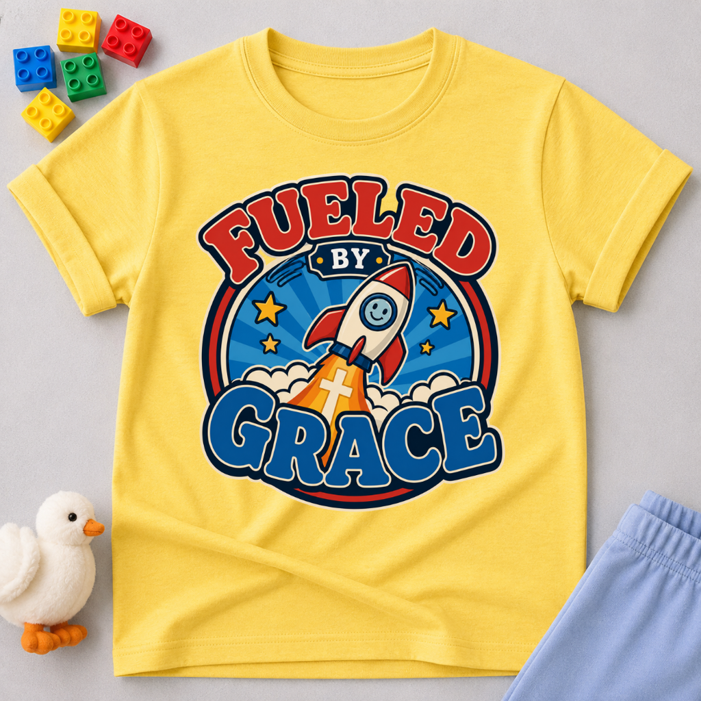 Fueled by Grace Rocket Christian kids shirt in yellow featuring a colorful rocket and faith-inspired design
