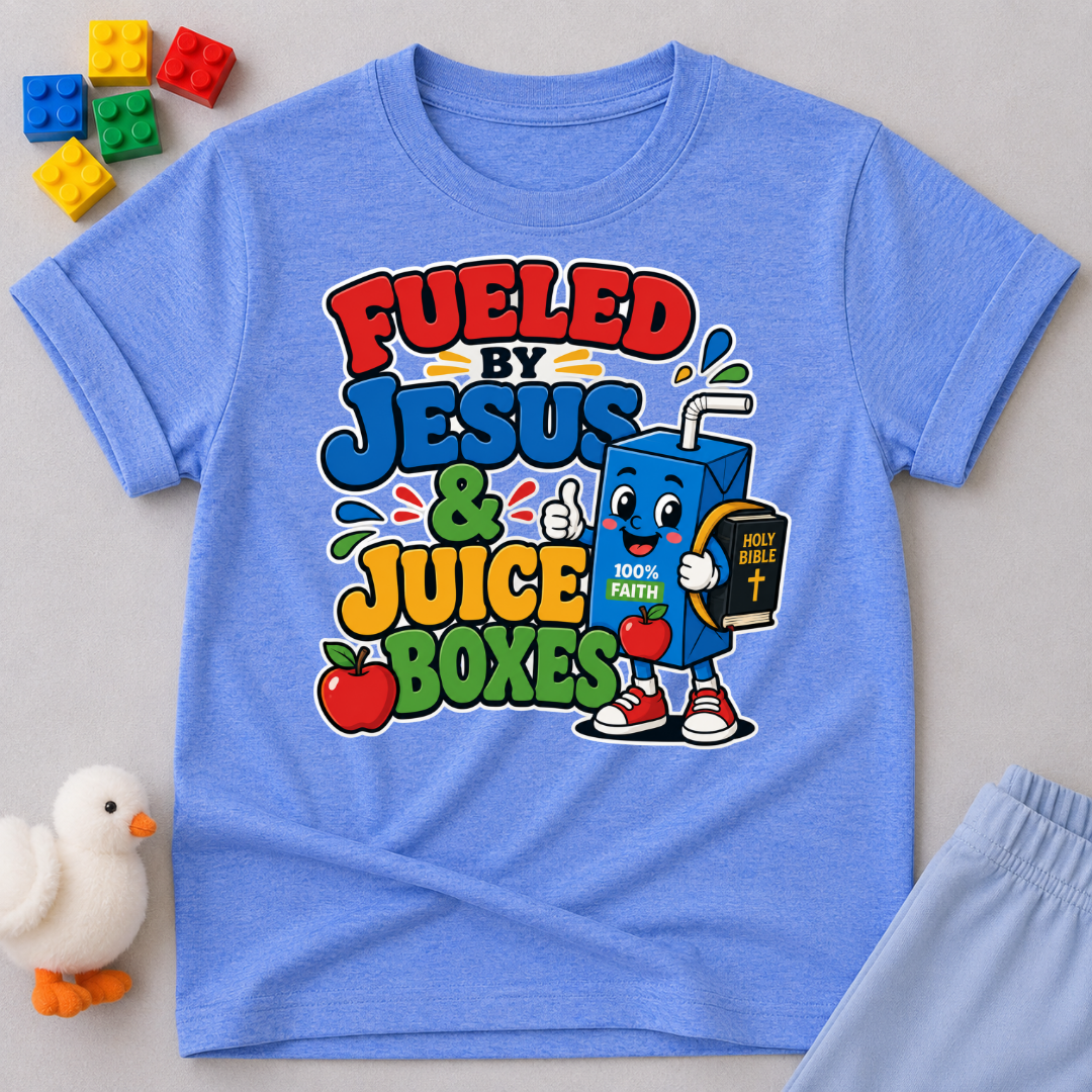 Fueled by Jesus & Juice Boxes Christian kids shirt in blue featuring a smiling juice box with a faith-inspired design
