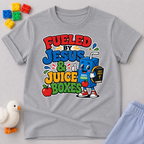 Fueled by Jesus & Juice Boxes Christian kids shirt in gray featuring a smiling juice box with a faith-inspired design

