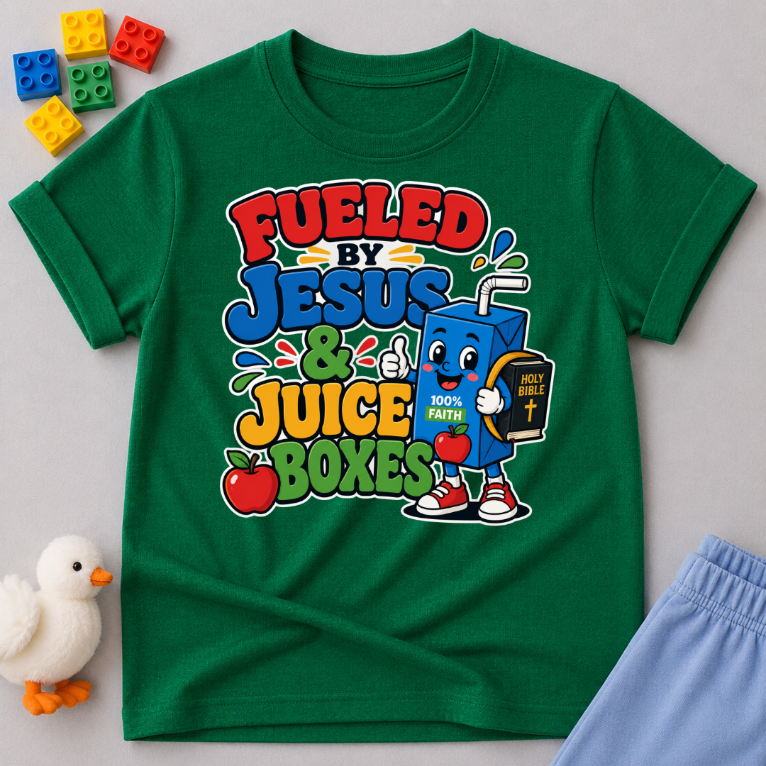 Fueled by Jesus & Juice Boxes Christian kids shirt in green featuring a smiling juice box with a faith-inspired design
