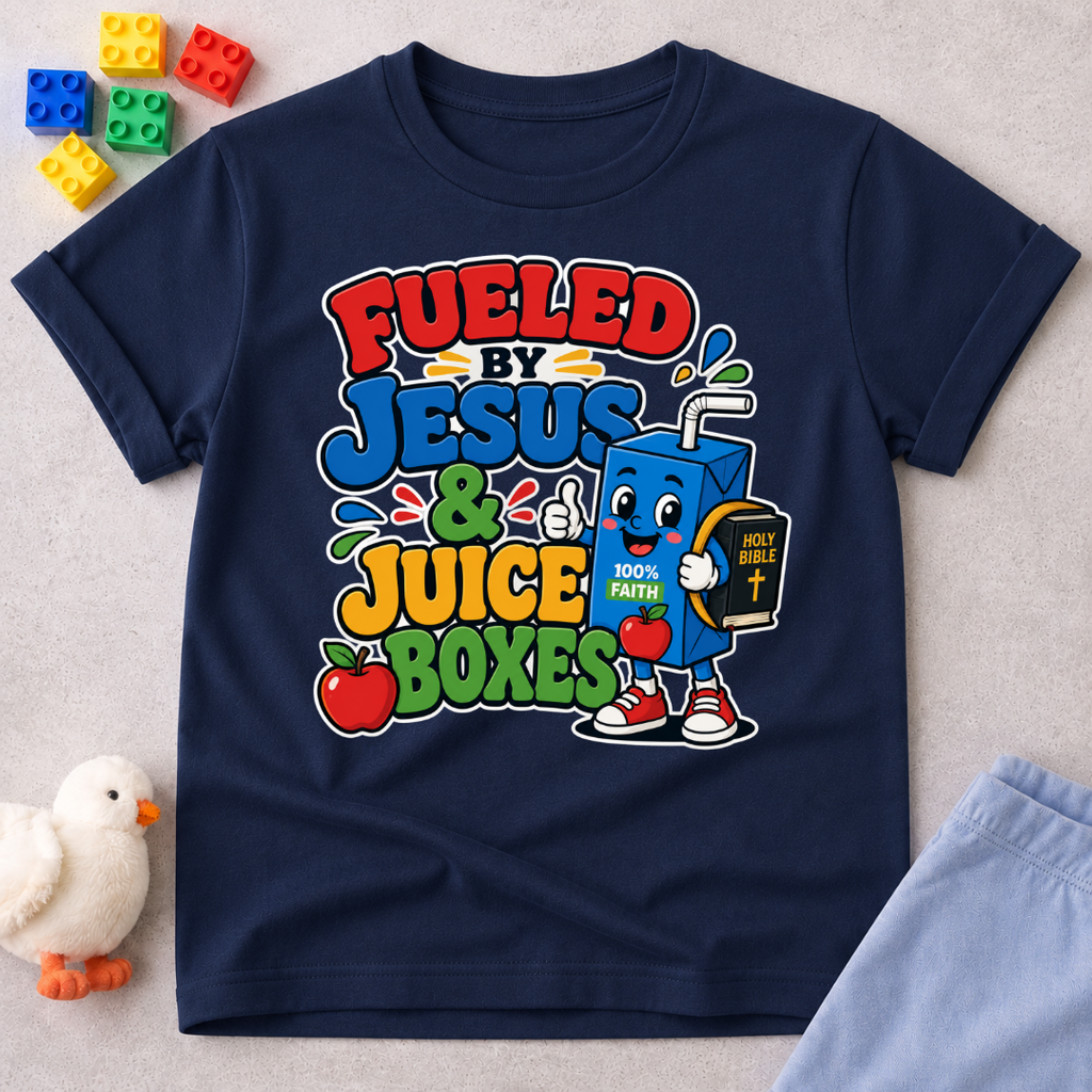 Fueled by Jesus & Juice Boxes Christian kids shirt in navy featuring a smiling juice box with a faith-inspired design
