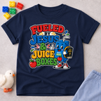 Fueled by Jesus & Juice Boxes Christian kids shirt in navy featuring a smiling juice box with a faith-inspired design
