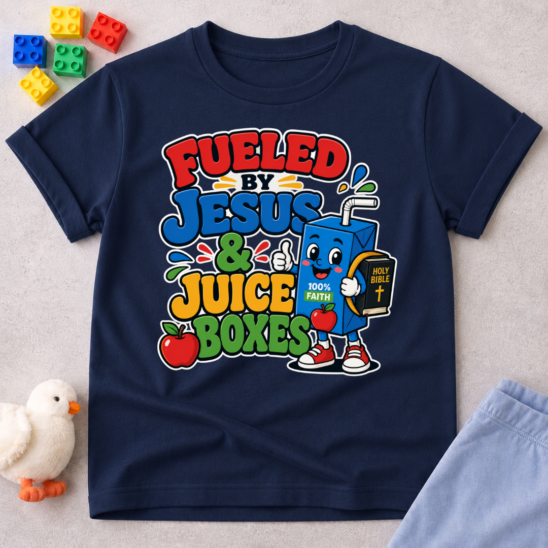 Fueled by Jesus & Juice Boxes Christian kids shirt in navy featuring a smiling juice box with a faith-inspired design
