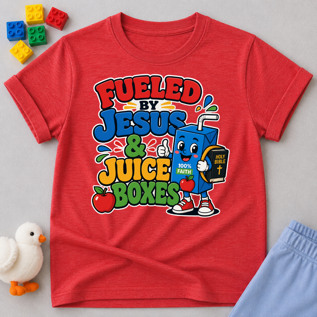 Fueled by Jesus & Juice Boxes Christian kids shirt in red featuring a smiling juice box with a faith-inspired design

