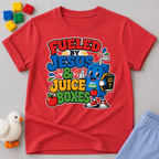 Fueled by Jesus & Juice Boxes Christian kids shirt in red featuring a smiling juice box with a faith-inspired design
