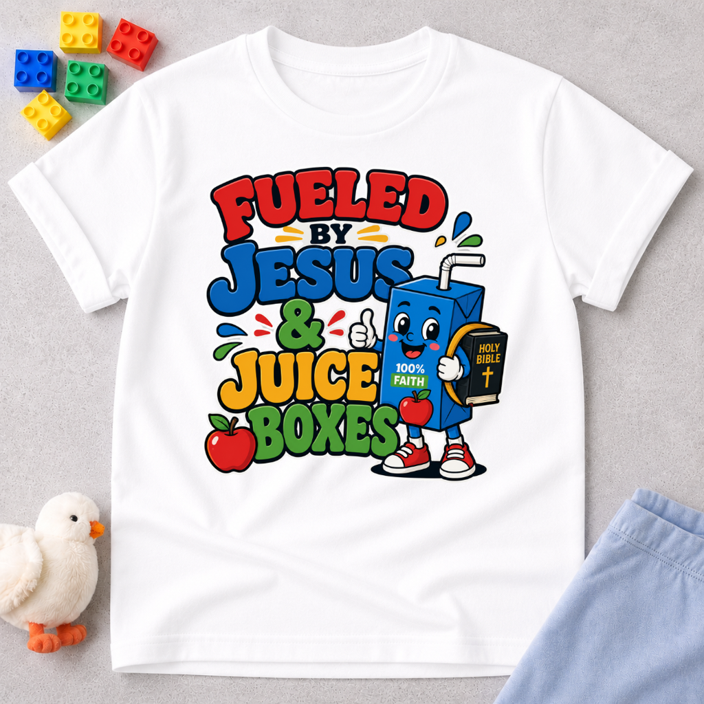 Fueled by Jesus & Juice Boxes Christian kids shirt in white featuring a smiling juice box with a faith-inspired design
