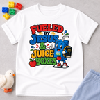 Fueled by Jesus & Juice Boxes Christian kids shirt in white featuring a smiling juice box with a faith-inspired design
