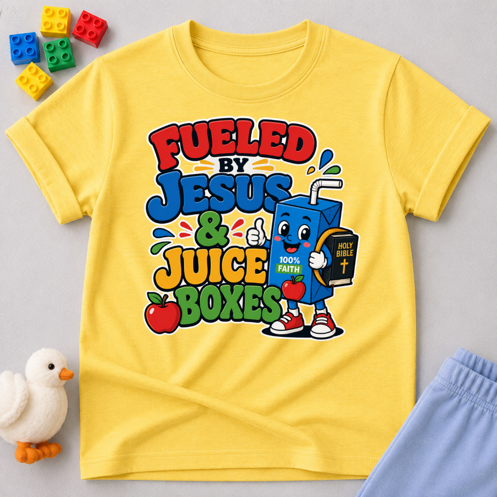 Fueled by Jesus & Juice Boxes Christian kids shirt in yellow featuring a smiling juice box with a faith-inspired design
