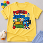 Fueled by Jesus & Juice Boxes Christian kids shirt in yellow featuring a smiling juice box with a faith-inspired design
