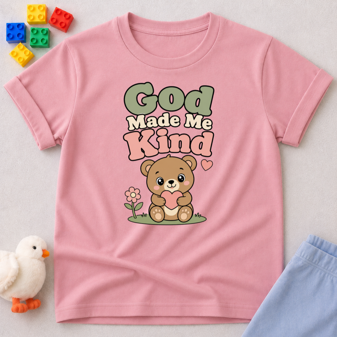 Gentle Bear Kindness Shirt Christian kids shirt in pink featuring a teddy bear and kindness-inspired design
