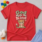 Gentle Bear Kindness Shirt Christian kids shirt in red featuring a teddy bear and kindness-inspired design
