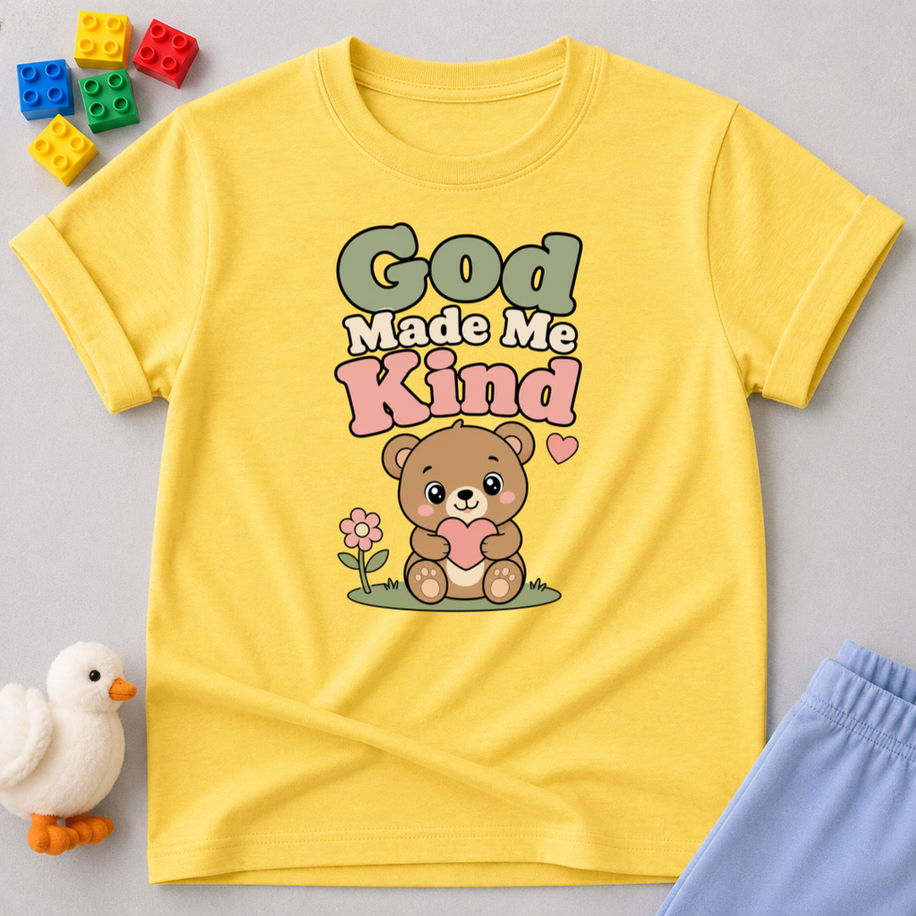 Gentle Bear Kindness Shirt Christian kids shirt in yellow featuring a teddy bear and kindness-inspired design
