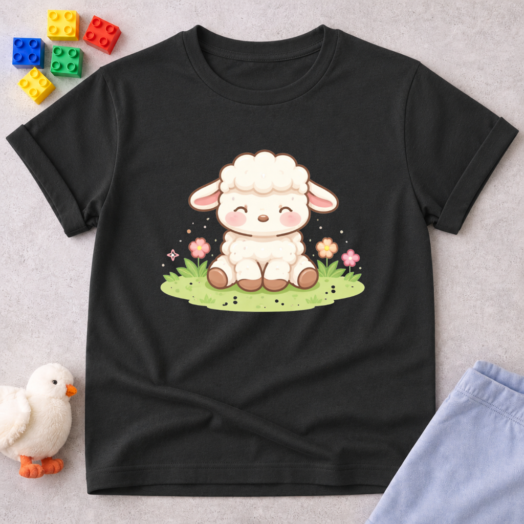 Gentle Lamb Of Joy Christian kids shirt in Black featuring a cute lamb character and faith-inspired artwork
