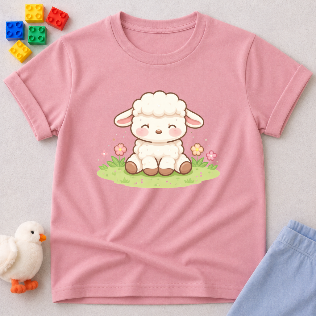 Gentle Lamb Of Joy Christian kids shirt in Pink featuring a cute lamb character and faith-inspired artwork