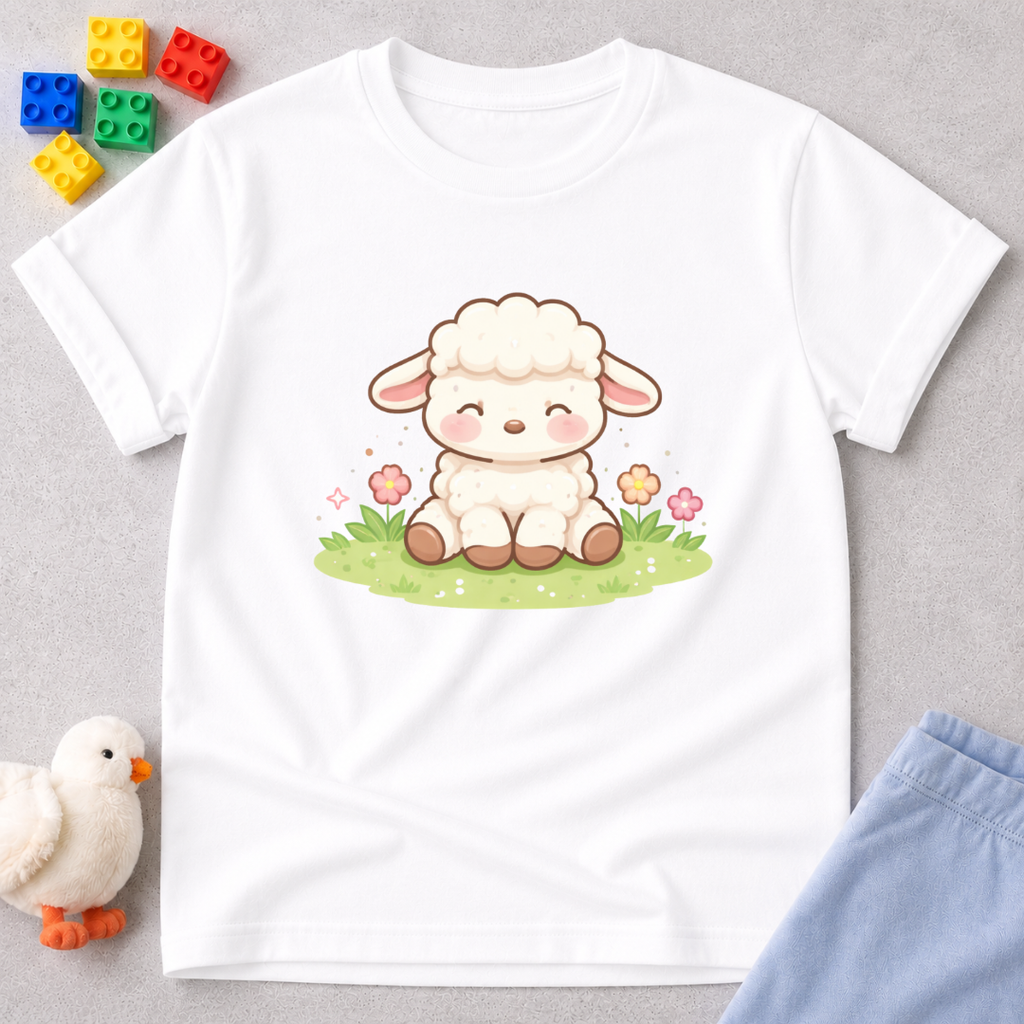 Gentle Lamb Of Joy Christian kids shirt in White featuring a cute lamb character and faith-inspired artwork