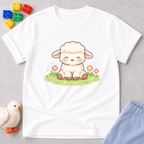 Gentle Lamb Of Joy Christian kids shirt in White featuring a cute lamb character and faith-inspired artwork