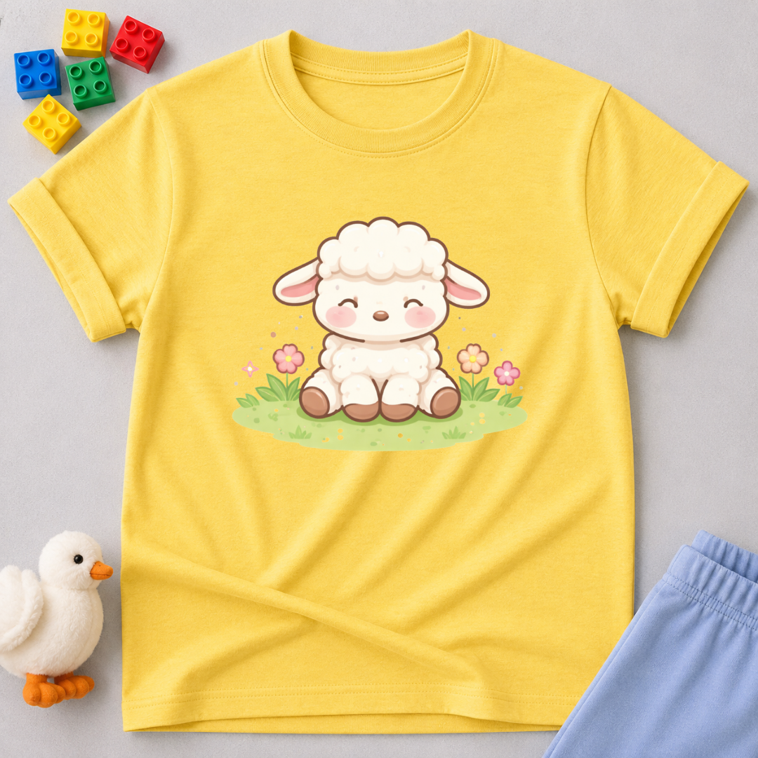 Gentle Lamb Of Joy Christian kids shirt in Yellow featuring a cute lamb character and faith-inspired artwork