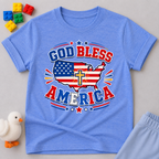 God Bless America Cross Shirt Christian kids shirt in blue featuring an American flag and cross patriotic design
