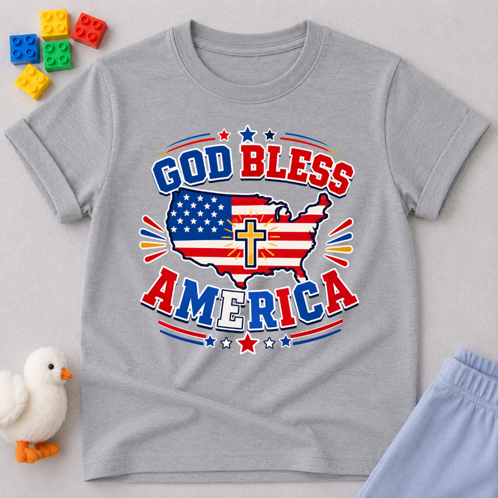 God Bless America Cross Shirt Christian kids shirt in gray featuring an American flag and cross patriotic design
