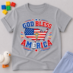 God Bless America Cross Shirt Christian kids shirt in gray featuring an American flag and cross patriotic design
