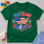 God Bless America Cross Shirt Christian kids shirt in green featuring an American flag and cross patriotic design
