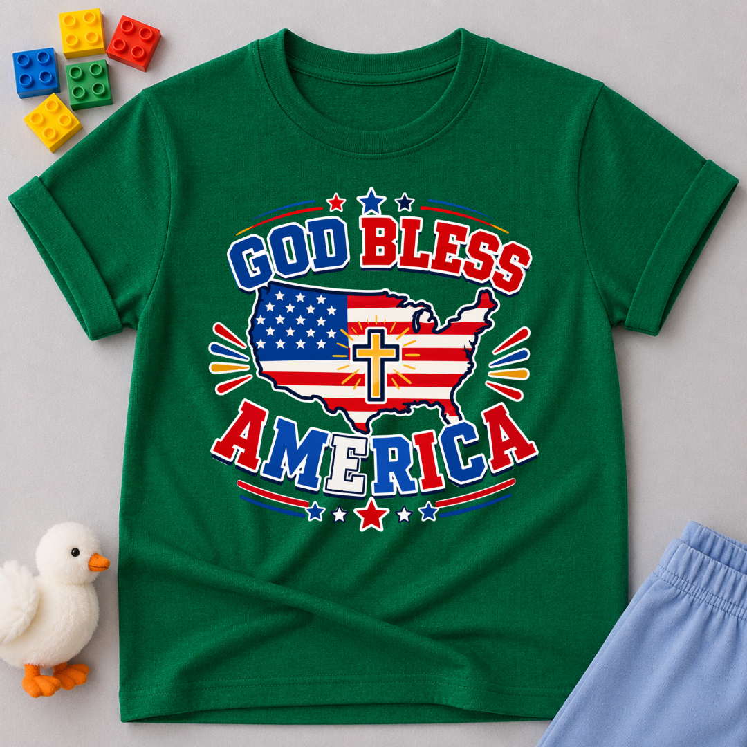 God Bless America Cross Shirt Christian kids shirt in green featuring an American flag and cross patriotic design
