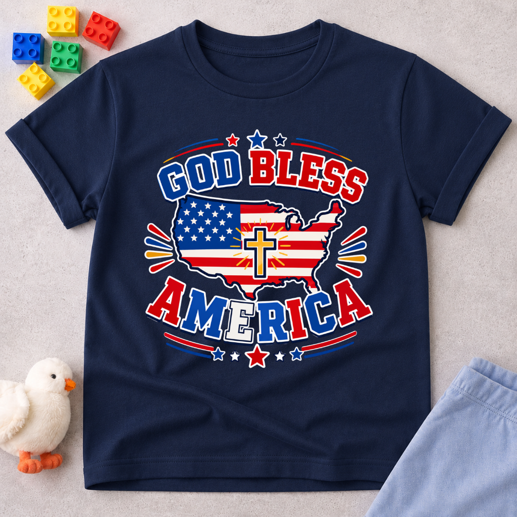 God Bless America Cross Shirt Christian kids shirt in navy featuring an American flag and cross patriotic design
