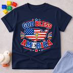 God Bless America Cross Shirt Christian kids shirt in navy featuring an American flag and cross patriotic design
