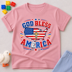 God Bless America Cross Shirt Christian kids shirt in pink featuring an American flag and cross patriotic design
