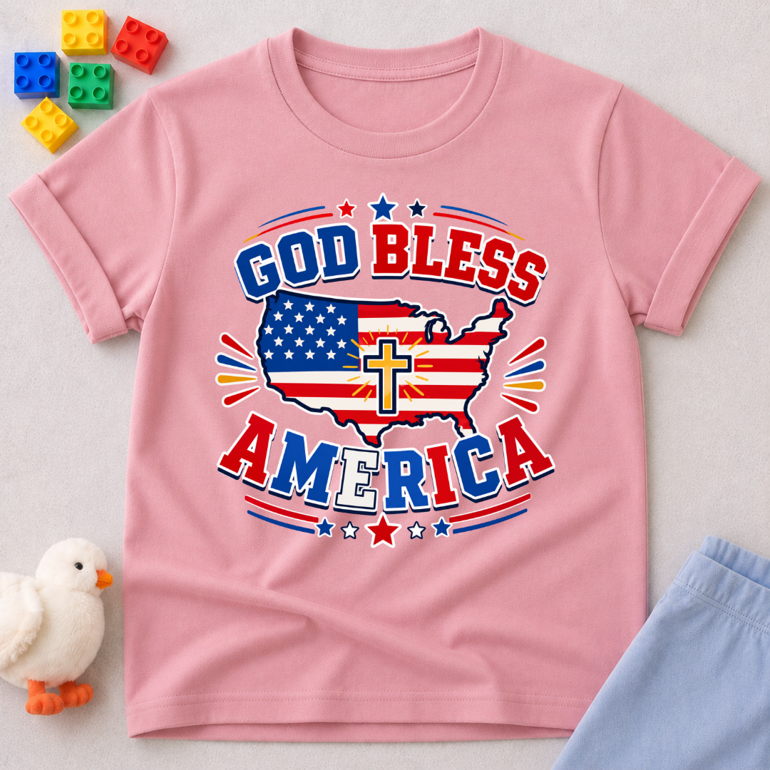God Bless America Cross Shirt Christian kids shirt in pink featuring an American flag and cross patriotic design
