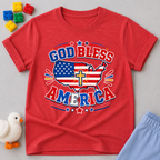 God Bless America Cross Shirt Christian kids shirt in red featuring an American flag and cross patriotic design
