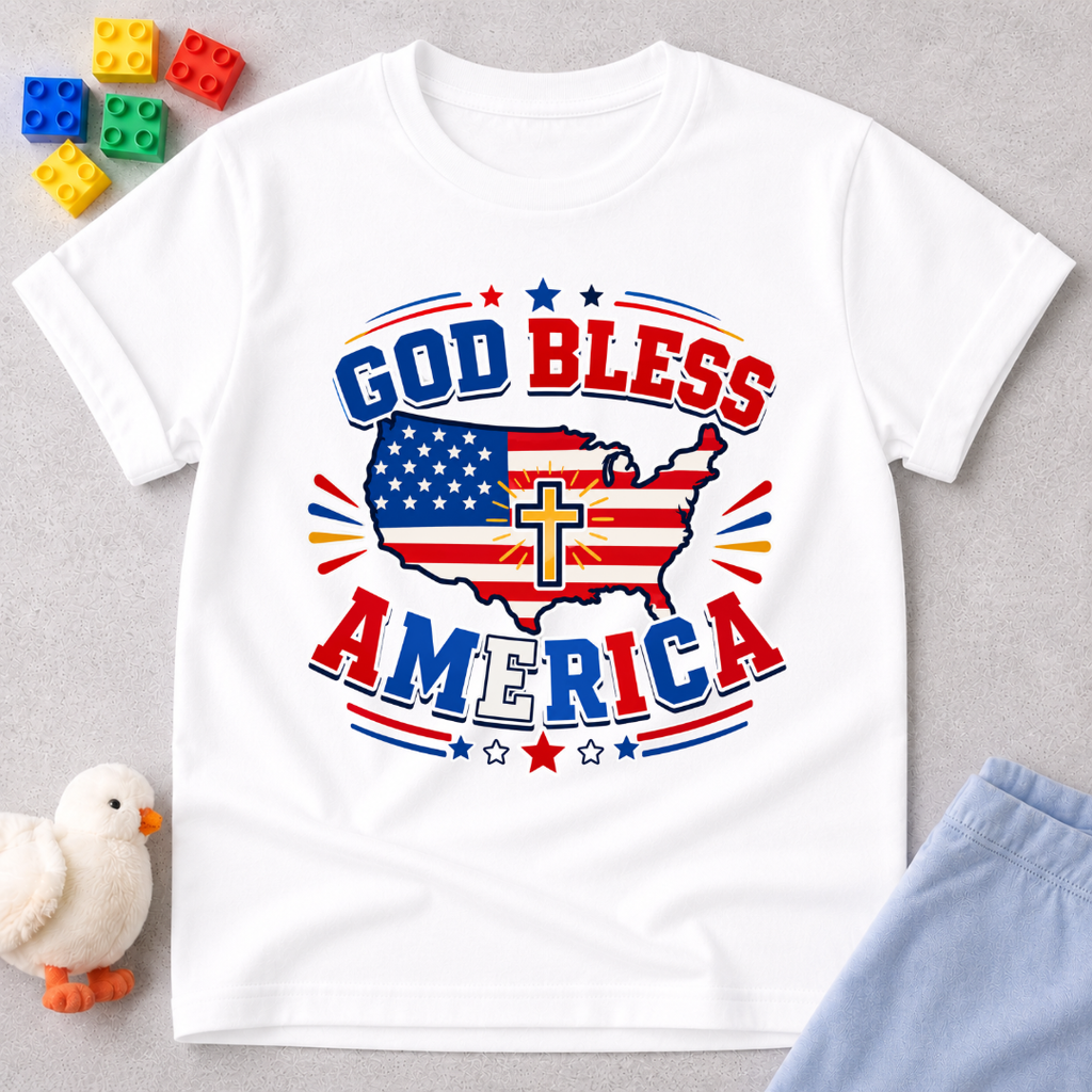 God Bless America Cross Shirt Christian kids shirt in white featuring an American flag and cross patriotic design
