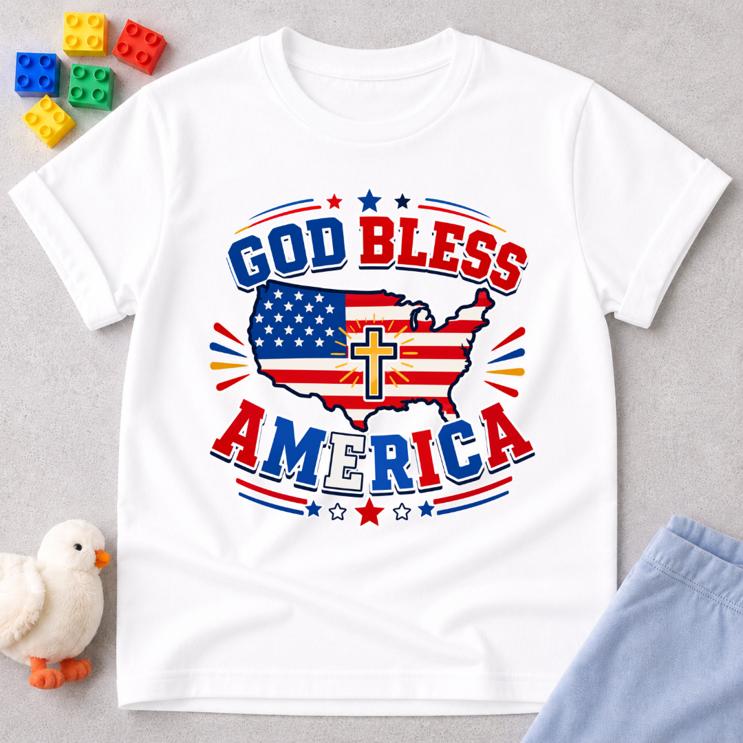 God Bless America Cross Shirt Christian kids shirt in white featuring an American flag and cross patriotic design
