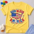 God Bless America Cross Shirt Christian kids shirt in yellow featuring an American flag and cross patriotic design
