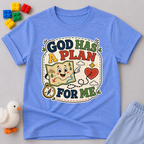 God Has a Plan for Me Christian kids shirt in blue featuring cheerful faith-inspired illustrations
