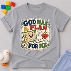God Has a Plan for Me Christian kids shirt in gray featuring cheerful faith-inspired illustrations
