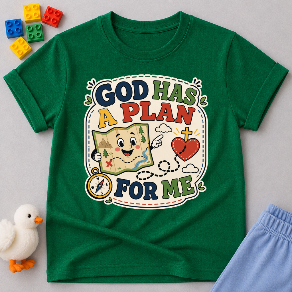 God Has a Plan for Me Christian kids shirt in green featuring cheerful faith-inspired illustrations
