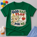 God Has a Plan for Me Christian kids shirt in green featuring cheerful faith-inspired illustrations
