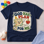 God Has a Plan for Me Christian kids shirt in navy featuring cheerful faith-inspired illustrations
